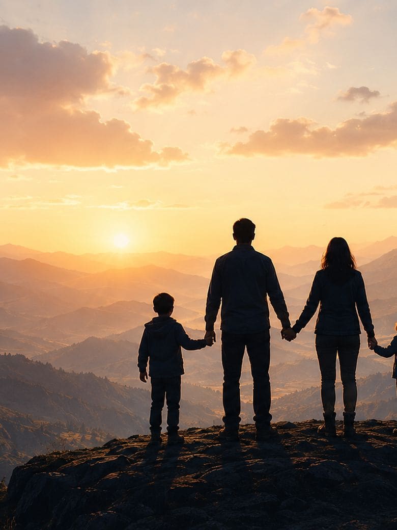 A family of four standing together on a mountain overlook at sunrise, facing the view.