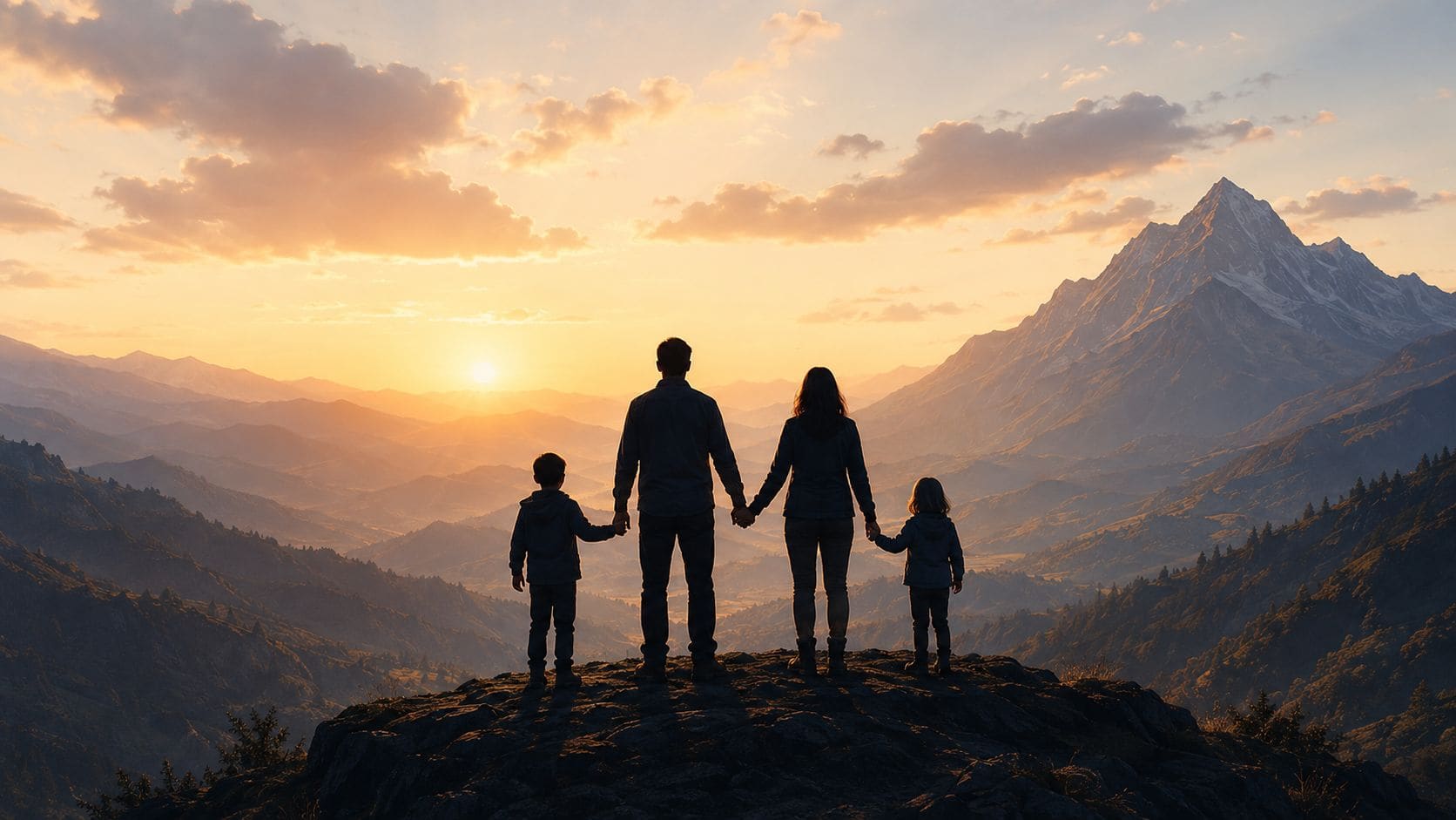 A family of four standing together on a mountain overlook at sunrise, facing the view.