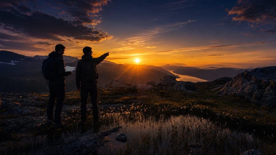 Two hikers on a mountain ridge at sunrise, one pointing toward the horizon.