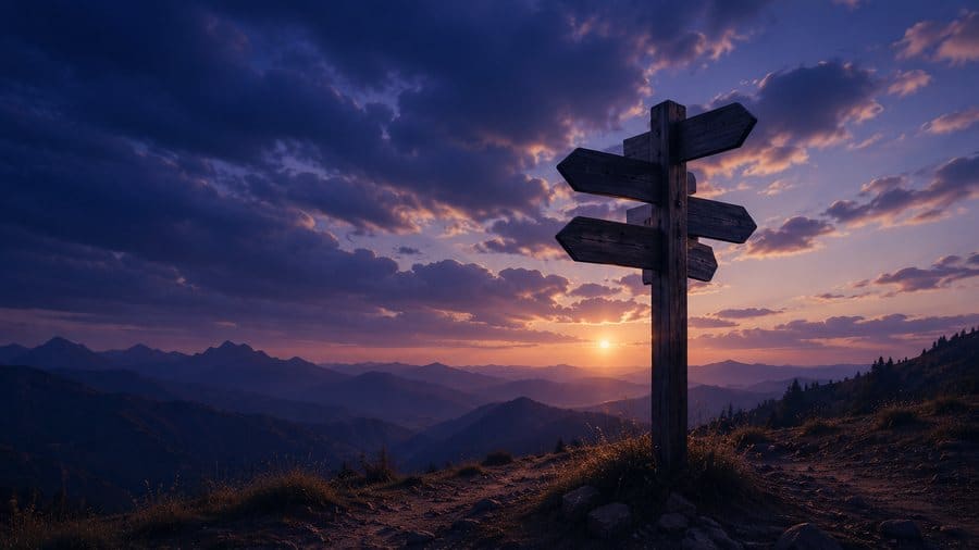 A wooden signpost on a ridge at sunset, arms pointing in several directions.