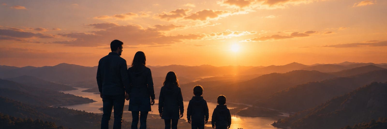 A family standing on a ridge at sunset, looking out over a valley.
